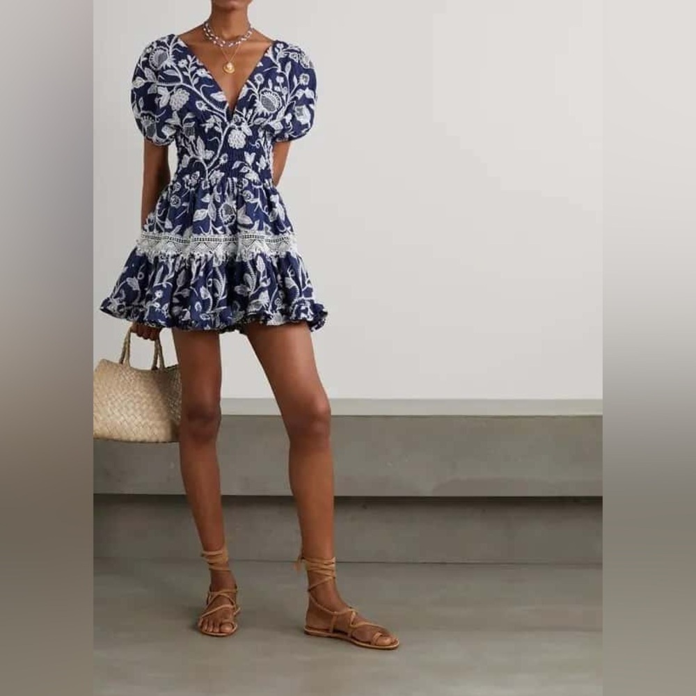 WAIMARI Palomas Guipure Lace Trimmed Embroidered Navy Print Mini Dress Sz-XL/14